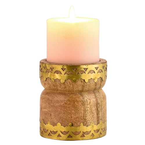 Marrakesch Boho Deko Teelichthalter Kerzenständer aus Holz und Metall 9cm groß Hajid | Vintage Orientalische Kerzenhalter als Wohnzimmer Tischdeko oder Schlafzimmer Badezimmer Frühlingsdeko von Marrakesch Orient & Mediterran Interior