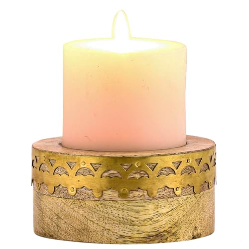 Marrakesch Boho Deko Teelichthalter Kerzenständer aus Holz und Metall 9cm groß Halid | Vintage Orientalische Kerzenhalter als Wohnzimmer Tischdeko oder Schlafzimmer Badezimmer Frühlingsdeko von Marrakesch Orient & Mediterran Interior