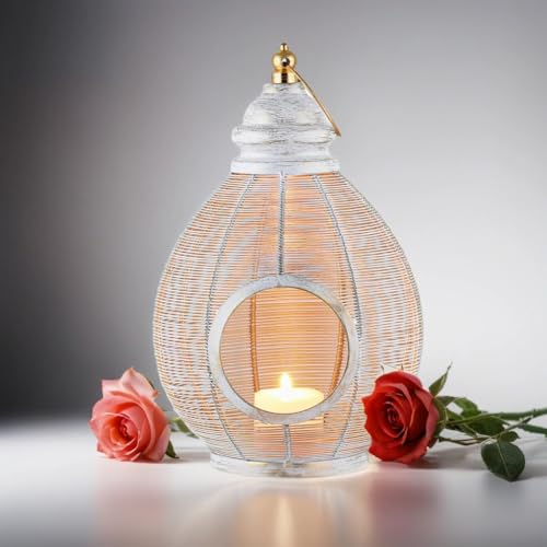 Marrakesch Boho Deko Windlicht Laterne 32cm antik aus Metall in weiß | Teelichthalter als Tischdeko Ramadan Deko | Kerzenhalter Windlichter Tamas als Balkon Terrasse & Garten Aesthetic Gartendeko von Marrakesch Orient & Mediterran Interior