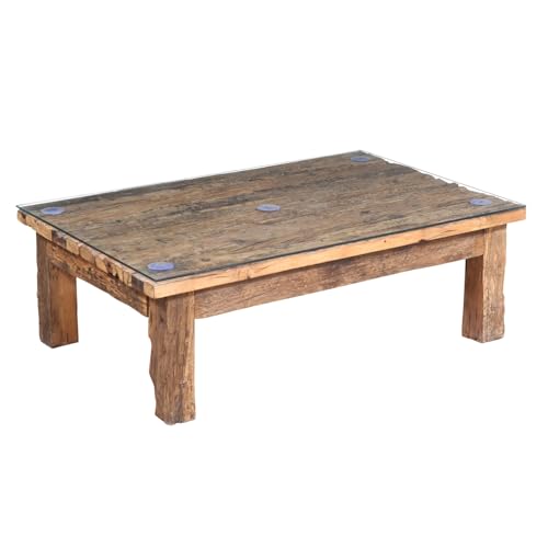 Marrakesch Industrial Couchtisch Wohnzimmertisch aus Holz 120 x 80 cm groß | Sofatisch mit 8mm Glasplatte als Vintage Wohnzimmer Deko | Massive Rustikale Couchtische Aafke Handgefertigter Unikat von Marrakesch Orient & Mediterran Interior