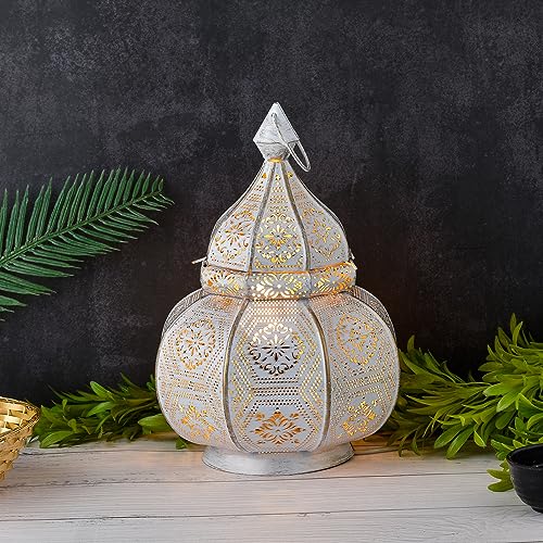 Marrakesch Lampe und Laterne in einem aus Metall 30 cm groß | Tischlampe Windlicht Mahana Weiss als Orientalische Dekoration von Marrakesch Orient & Mediterran Interior
