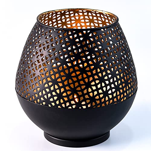 Marrakesch Moderne Teelichthalter 15cm Schwarz & Gold innen aus Metall Deko Windlicht Dagny als Hochzeitsdeko Tischdeko von Marrakesch Orient & Mediterran Interior