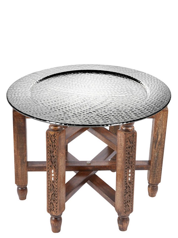 Marrakesch Orient & Mediterran Interior Beistelltisch Orientalischer Couchtisch Halab Silber 60cm, aus Holz und Aluminium (1-St), Handarbeit von Marrakesch Orient & Mediterran Interior