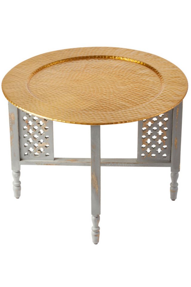 Marrakesch Orient & Mediterran Interior Beistelltisch Orientalischer Couchtisch Hania Gold Grau 60cm, aus Holz & Aluminium (1-St), Handarbeit von Marrakesch Orient & Mediterran Interior