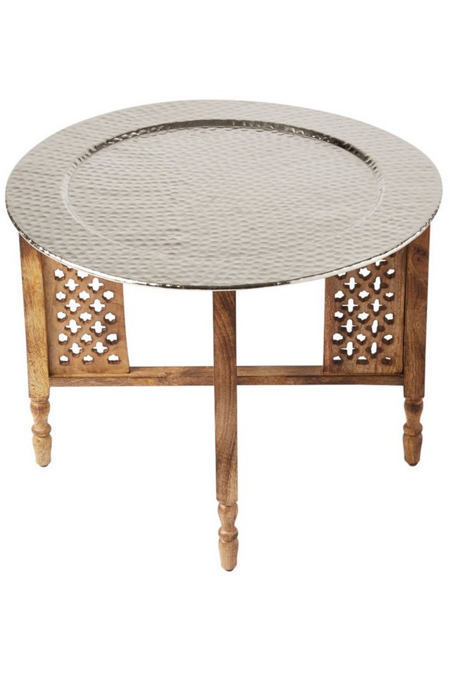 Marrakesch Orient & Mediterran Interior Beistelltisch Orientalischer Couchtisch Hania Silber Braun 60cm, aus Holz und Alu (1-St), Handarbeit von Marrakesch Orient & Mediterran Interior