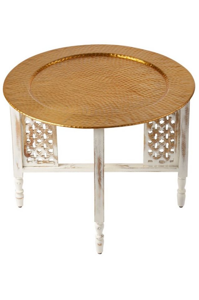 Marrakesch Orient & Mediterran Interior Beistelltisch Orientalischer Couchtisch Hania Weiß Gold 60cm, Holz und Aluminium (1-St), Handarbeit von Marrakesch Orient & Mediterran Interior