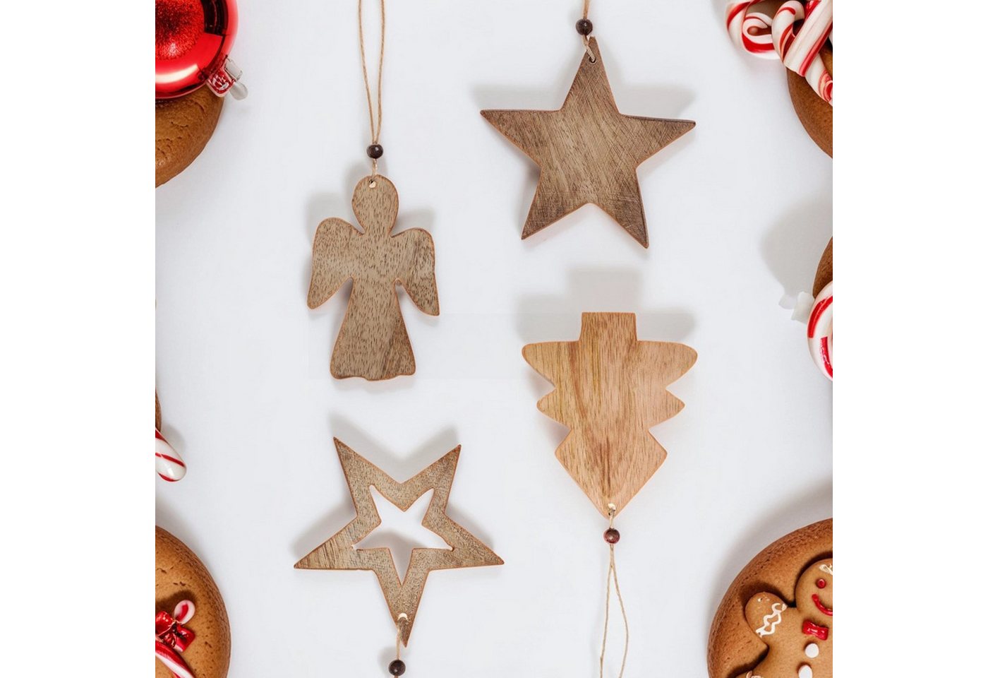 Marrakesch Orient & Mediterran Interior Christbaumschmuck 4er Set Weihnachtsanhänger Weihnachtsdeko aus Holz (4-tlg), Handarbeit von Marrakesch Orient & Mediterran Interior