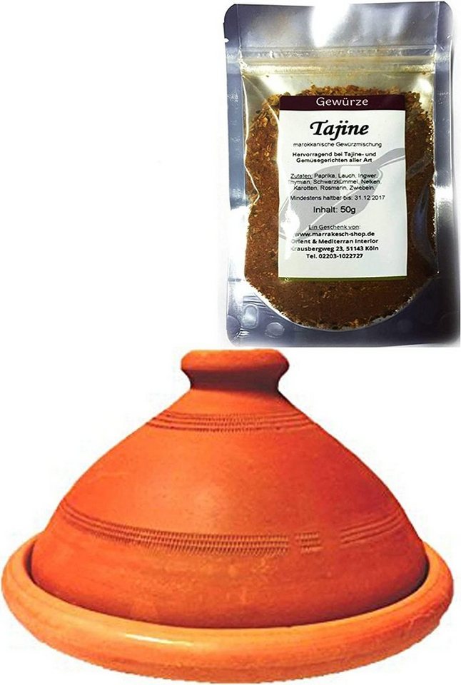 Marrakesch Orient & Mediterran Interior Dampfgartopf Tajine, original aus Marokko, inklusive Tajine Gewürzmischung 50g, Tontopf zum Kochen, Tuareg, handgetöpfert aus Marrakesch, frei von Schadstoffe, Lehm, Handarbeit von Marrakesch Orient & Mediterran Interior