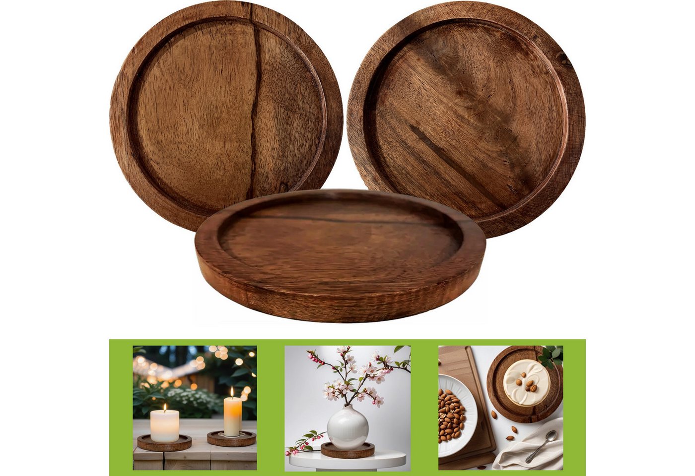 Marrakesch Orient & Mediterran Interior Dekotablett 3er Set Vintage Blumentopf Untersetzer Tablett aus Holz Mandy (3 St), Ø = 15cm und 2cm Hoch von Marrakesch Orient & Mediterran Interior
