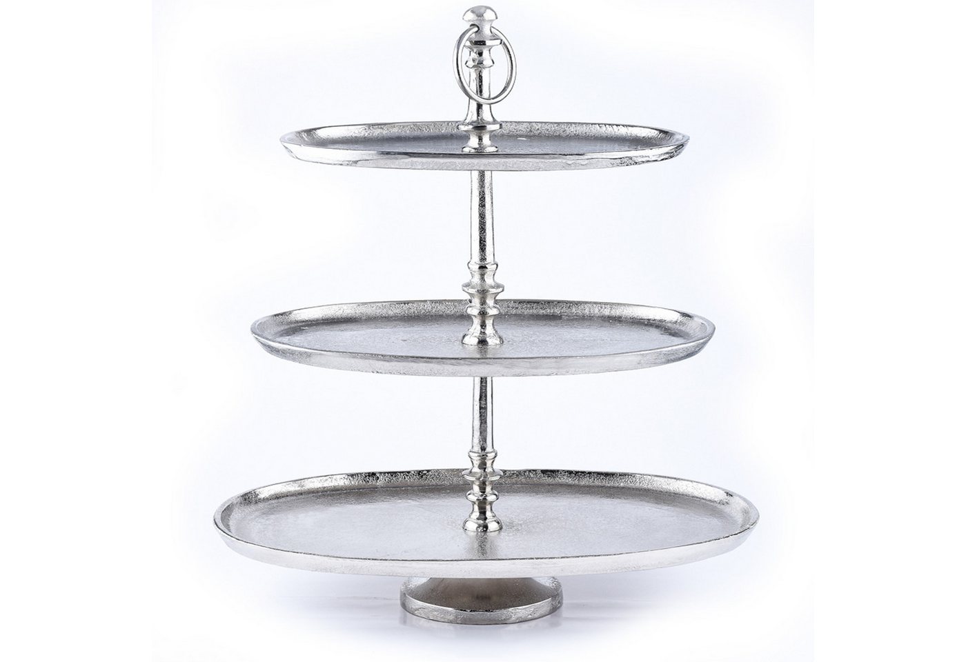 Marrakesch Orient & Mediterran Interior Dekotablett Etagere Annika silberfarben oval aus Aluminium H 48cm 3-stöckig, Handarbeit Marrakesch Orient & Mediterran Interior Dekotablett Etagere Annika silberfarben oval aus Aluminium H 48cm 3-stöckig, Handarbeit von Marrakesch Orient & Mediterran Interior