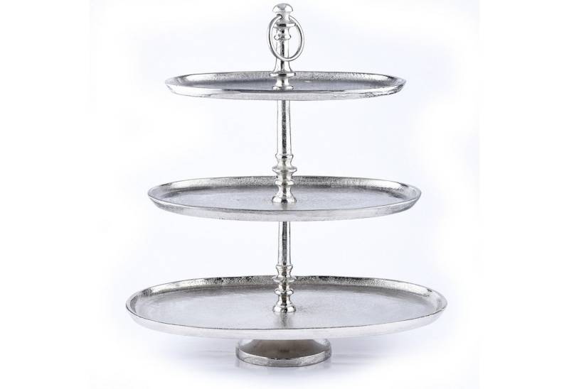Marrakesch Orient & Mediterran Interior Dekotablett Etagere Annika silberfarben oval aus Aluminium H 48cm 3-stöckig, Handarbeit Marrakesch Orient & Mediterran Interior Dekotablett Etagere Annika silberfarben oval aus Aluminium H 48cm 3-stöckig, Handarbeit von Marrakesch Orient & Mediterran Interior