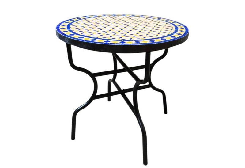 Marrakesch Orient & Mediterran Interior Gartentisch Marokkanischer Mosaiktisch Giralda Natur Blau Gelb 80cm, Handarbeit, Handarbeit von Marrakesch Orient & Mediterran Interior