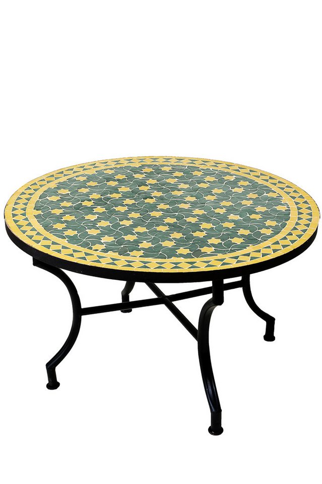 Marrakesch Orient & Mediterran Interior Gartentisch Marokkanischer Mosaiktisch Estrella Grün Gelb ø 80cm, 45cm hoch, Handarbeit von Marrakesch Orient & Mediterran Interior