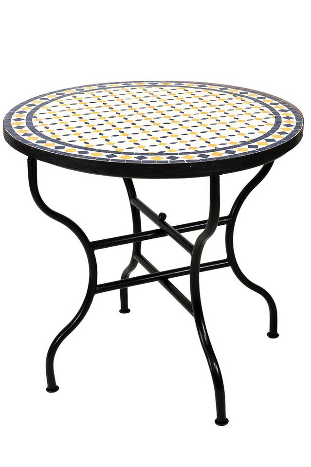 Marrakesch Orient & Mediterran Interior Gartentisch Marokkanischer Mosaiktisch Giralda Weiss Gelb Blau 80cm, Handarbeit, Handarbeit von Marrakesch Orient & Mediterran Interior