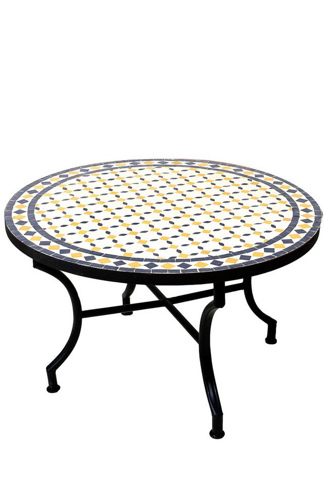 Marrakesch Orient & Mediterran Interior Gartentisch Marokkanischer Mosaiktisch Giralda Weiss Gelb Blau ø 80cm, 45cm hoch, Handarbeit von Marrakesch Orient & Mediterran Interior
