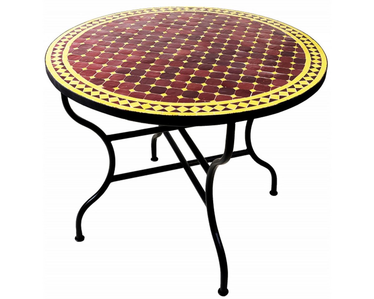 Marrakesch Orient & Mediterran Interior Gartentisch Marokkanischer Mosaiktisch Marrakesch Bordeaux Gelb 100cm, Handarbeit, Handarbeit von Marrakesch Orient & Mediterran Interior