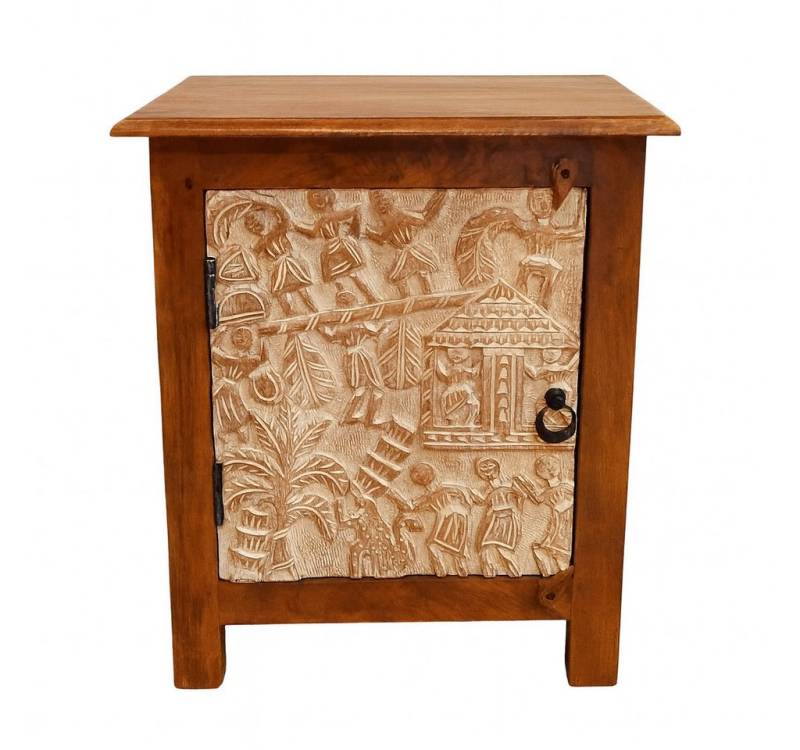 Marrakesch Orient & Mediterran Interior Nachttisch Nachttisch Faten 60cm, Massivholz mit geschnitzter Tür im Boho-Stil (1-St), Handarbeit von Marrakesch Orient & Mediterran Interior
