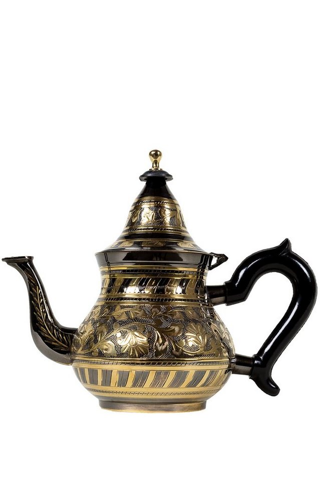 Marrakesch Orient & Mediterran Interior Teekanne Marokkanische Teekanne aus Messing Bakir Schwarz-Goldfarbig mit Sieb und Kunststoffgriff, Orientalische Kanne mit Deckel, Traditionelle Messingteekanne, 0,8 l, Handarbeit von Marrakesch Orient & Mediterran Interior