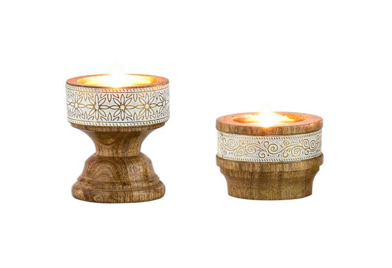 Marrakesch Orient & Mediterran Interior Kerzenständer 2er Set Boho Deko Teelichthalter Kerzenständer aus Holz Hamida Hannan, Handarbeit von Marrakesch Orient & Mediterran Interior
