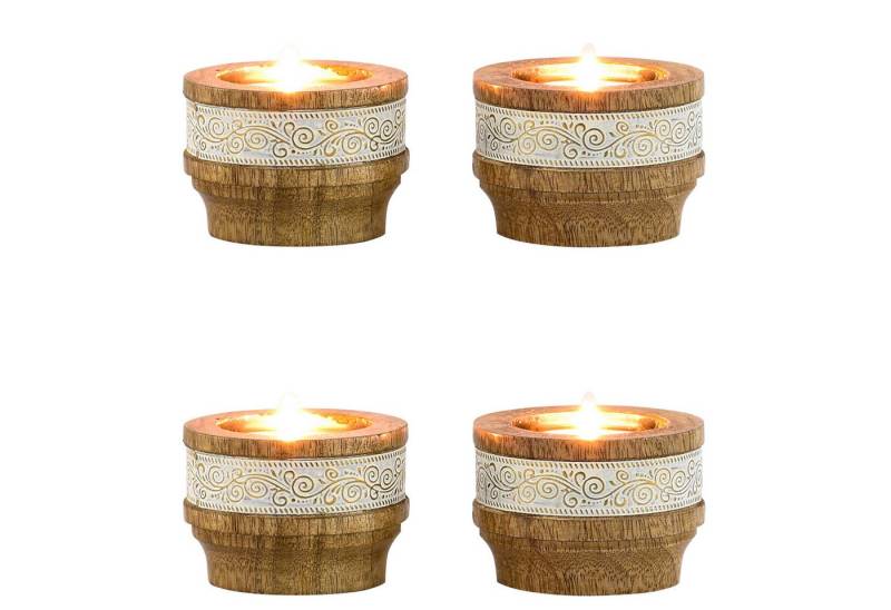 Marrakesch Orient & Mediterran Interior Kerzenständer 4er Set Boho Deko Teelichthalter Kerzenständer aus Holz Hannan, Handarbeit von Marrakesch Orient & Mediterran Interior
