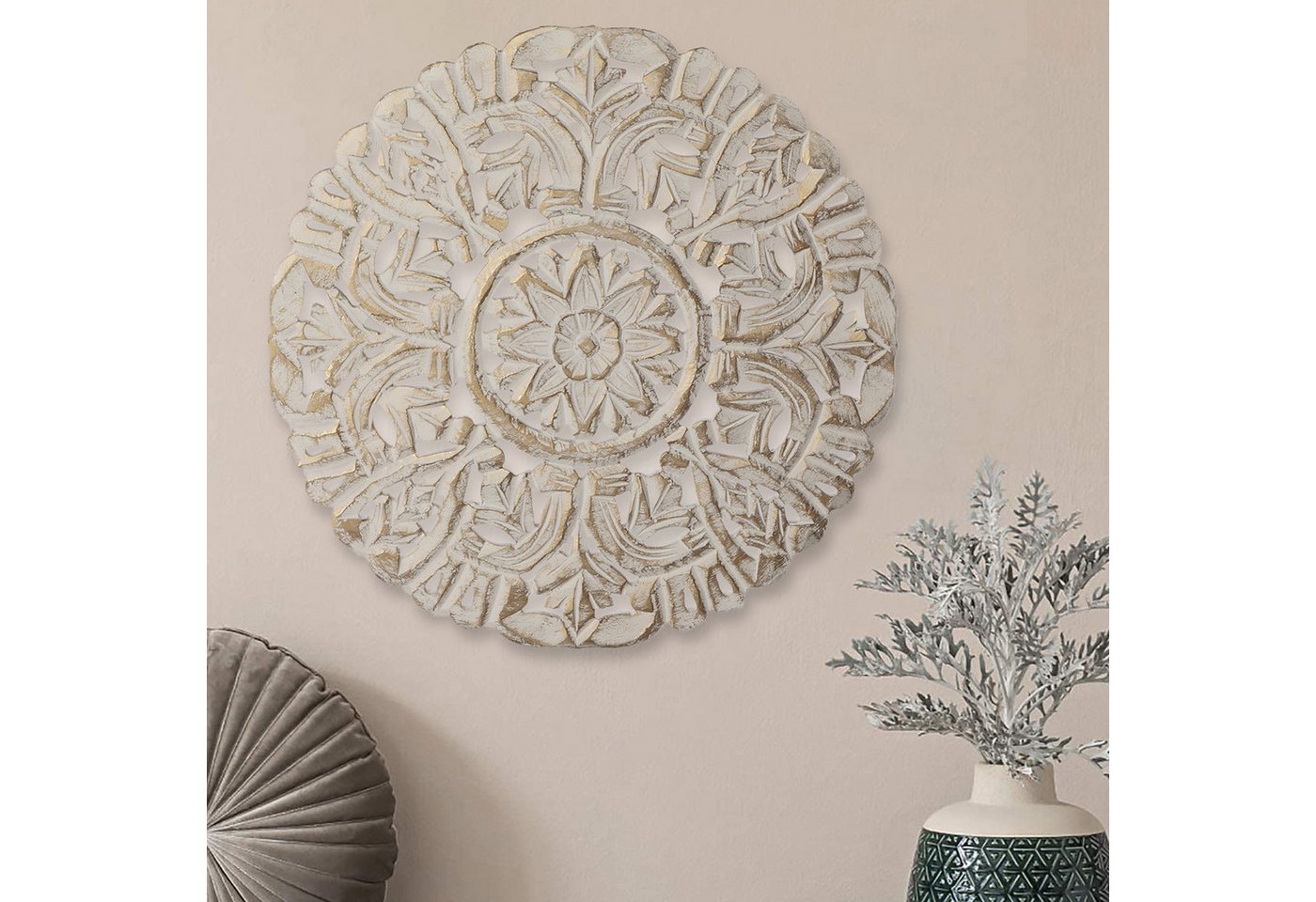 Marrakesch Orient & Mediterran Interior Wanddekoobjekt Vintage Deko Wandbild Wanddeko aus Holz Abasin Weiss Antik 40cm (1 St), Handarbeit von Marrakesch Orient & Mediterran Interior