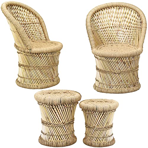 Marrakesch Stuhl Gartenstuhl und Hocker aus Bambus Balkon Möbel Set Aleja Benita 4 Teilig ø 42 cm | Ideal im Garten Terrasse und Balkon von Marrakesch Orient & Mediterran Interior