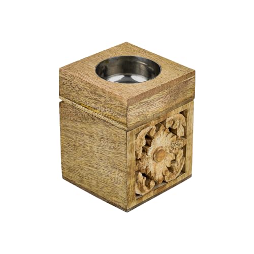 Marrakesch Teelichthalter und Aufbewahrungsbox mit Deckel in einem, aus Holz 10cm groß | Boho Deko Kerzenhalter Lounis als Wohnzimmer Tischdeko | Schmuckkästchen im Schlafzimmer als Frühlingsdeko von Marrakesch Orient & Mediterran Interior