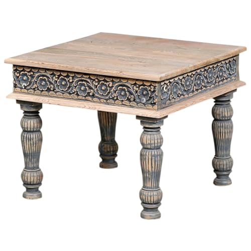 Marrakesch Vintage Couchtisch Abelone 60x60 cm aus Teakholz massiv | Wohnzimmertisch Beistelltisch handgeschnitzt im orientalischen Stil | Massiver Holz Sofatisch mit kunstvollen Verzierungen von Marrakesch Orient & Mediterran Interior