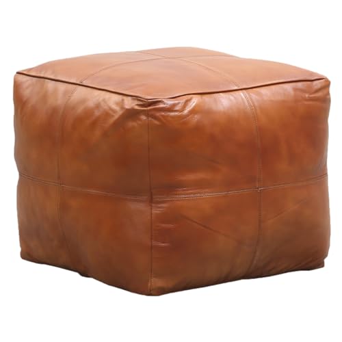 Marrakesch Vintage Sitzkissen Hocker inklusive Füllung und aus echtem Leder | Pouf Sitzhocker Fjord in Cognac Braun 45cm groß | Fußhocker Sitzsack als Skandinavische Schlafzimmer Wohnzimmer Deko von Marrakesch Orient & Mediterran Interior
