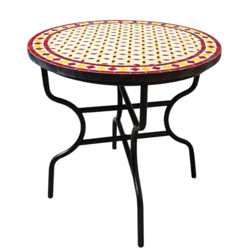 ORIGINAL Marokkanischer Mosaiktisch Gartentisch ø 80cm Groß rund klappbar | Runder klappbarer Mosaik Esstisch Mediterran | als Klapptisch für Balkon oder Garten | Giralda Natur Bordeaux Gelb 80cm von Marrakesch Orient & Mediterran Interior