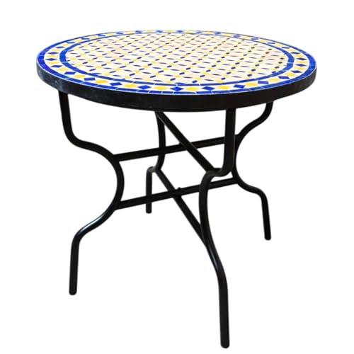 Marrakesch Orient & Mediterran Interior Marokkanischer Mosaiktisch Giralda Natur Blau Gelb 80cm | Handarbeit von Marrakesch Orient & Mediterran Interior