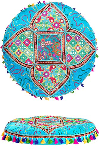 Orientalische Kissen Bodenkissen Bunt aus Baumwolle ø 55cm inklusive Füllung | Marokkanisches Sitzkissen Sitzpouf Bahri Blau Rund | Orientalisches rundes Yogakissen Meditationskissen bestickt von Marrakesch Orient & Mediterran Interior