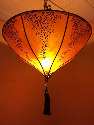 Orientalische Lampe Pendelleuchte Hängeleuchte Dilay orange 49cm Groß | Marokkanische Lederlampe Hennalampe Leuchte mit Henna | Orient Lampen für Wohnzimmer Küche oder Hängend über den Esstisch von Marrakesch Orient & Mediterran Interior