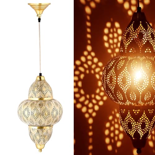 Orientalische Lampe Pendelleuchte Noumi Gold Weiss 42cm E27 Lampenfassung | Marokkanische Design Hängeleuchte Leuchte aus Marokko | Orient Lampen für Wohnzimmer Küche oder Hängend über den Esstisch von Marrakesch Orient & Mediterran Interior