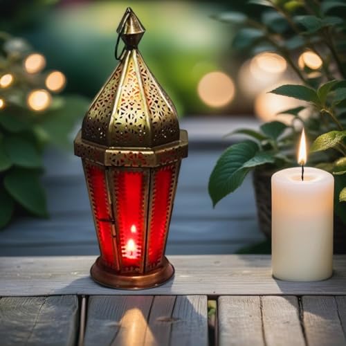 Orientalische Laterne aus Metall & Glas Ajda rot 29cm | orientalisches Windlicht | Marokkanische Glaslaterne für innen | Marokkanisches Gartenwindlicht für draußen als Gartenlaterne von Marrakesch Orient & Mediterran Interior