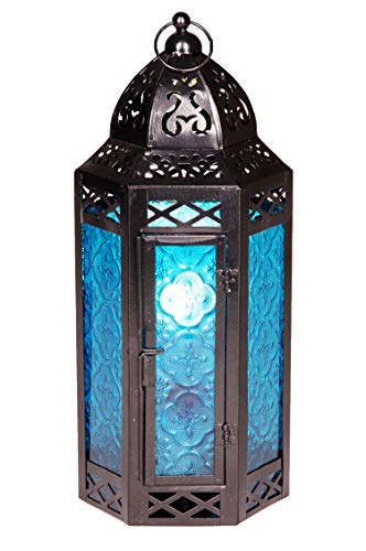 Orientalische Laterne aus Metall & Glas Liyana 30cm | orientalisches Windlicht | Marokkanische Glaslaterne für innen | Marokkanisches Gartenwindlicht für draußen als Gartenlaterne (Blau) von Marrakesch Orient & Mediterran Interior