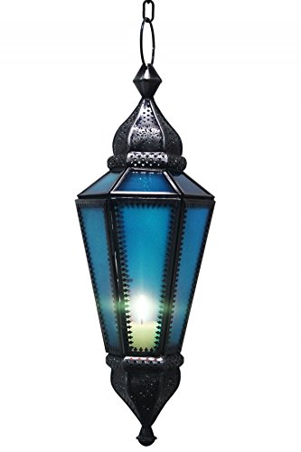 Orientalisches Windlicht Laterne Glas Ajda Blau 39cm groß | Orientalische Glas Teelichthalter Hängewindlicht mit Henkel orientalisch | Marokkanische Windlichter hängend als Hängewindlichter von Marrakesch Orient & Mediterran Interior