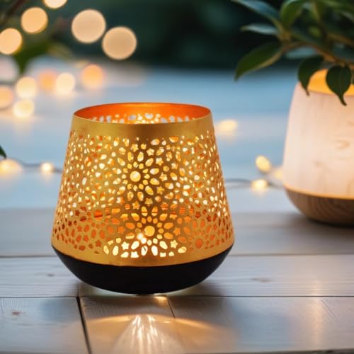 Orientalische goldene Laterne Windlicht Ceuta 12cm groß | Marokkanische Gold Gartenlaterne für draußen Innen als Tischlaterne | Marokkanisches Gartenwindlicht hängend oder zum hinstellen von Marrakesch Orient & Mediterran Interior