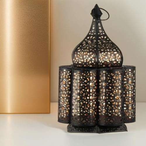 Orientalische kleine Tischlampe Lampe Feryal 37cm Schwarz E27 | Marokkanische Tischlampen klein aus Metall, Lampenschirm Goldfarbig | Nachttischlampe modern, für Vintage Stil Design von Marrakesch Orient & Mediterran Interior