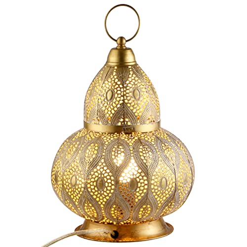 Orientalische kleine Tischlampe Lampe Noumi 32cm Gold Weiss E27 | Marokkanische Tischlampen klein aus Metall, Lampenschirm Goldfarbig | Nachttischlampe modern,Vintage, Retro & Landhaus Stil Design von Marrakesch Orient & Mediterran Interior