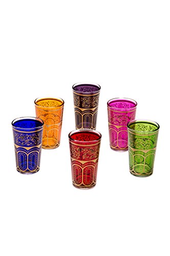 Orientalische verzierte Teegläser Set 6 Gläser Laylana bunt Gold | Marokkanische Tee Gläser 6 Farben Deko orientalisch | 6 x Orientalisches Marokkanisches Teeglas verziert | Verschiedene Muster von Marrakesch Orient & Mediterran Interior