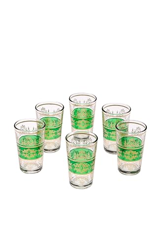 Orientalische verzierte Teegläser Set 6 Gläser Marrakesch Grün Gold | Marokkanische Tee Gläser Set 6 teilig Deko orientalisch | 6 x Orientalisches Marokkanisches Teeglas verziert | Farben Auswahl von Marrakesch Orient & Mediterran Interior