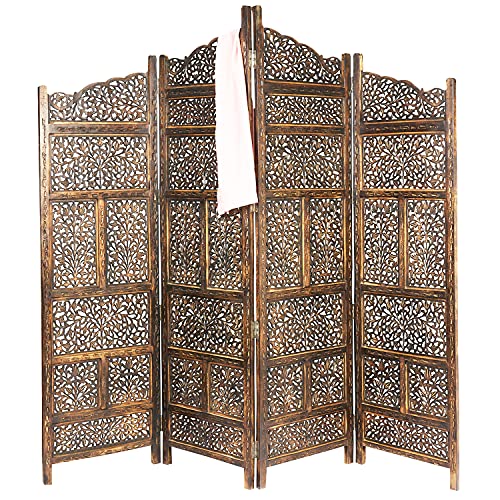 Orientalischer Paravent Raumteiler aus Holz Saraswati 200 x 180cm hoch in Braun | Indischer Trennwand als Raumtrenner oder Dekoration im Zimmer oder Sichtschutz im Garten, Terrasse oder Balkon von Marrakesch Orient & Mediterran Interior