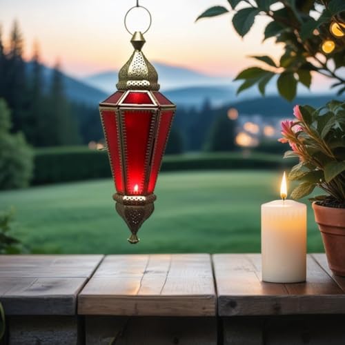 Orientalisches Windlicht Laterne Glas Ajda Rot 39cm groß | Orientalische Glas Teelichthalter Hängewindlicht mit Henkel orientalisch | Marokkanische Windlichter hängend als Hängewindlichter von Marrakesch Orient & Mediterran Interior