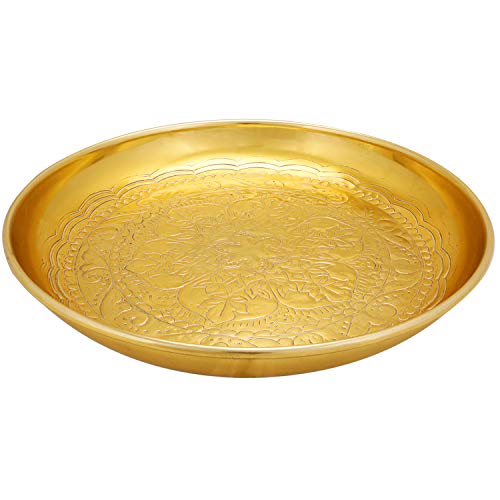 Orientalisches rundes Tablett Schale aus Metall Afet 31cm groß Gold | Orient Dekoschale mit hoher Rand | Marokkanisches Serviertablett Rund | Orientalische goldene Deko auf dem gedeckten Tisch von Marrakesch Orient & Mediterran Interior