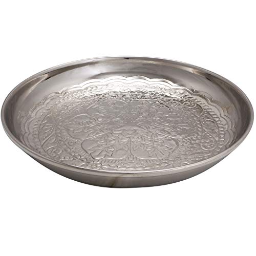 Orientalisches rundes Tablett Schale aus Metall Afet 31cm groß Silber | Orient Dekoschale mit hoher Rand | Marokkanisches Serviertablett Rund | Orientalische Deko auf dem gedeckten Tisch von Marrakesch Orient & Mediterran Interior