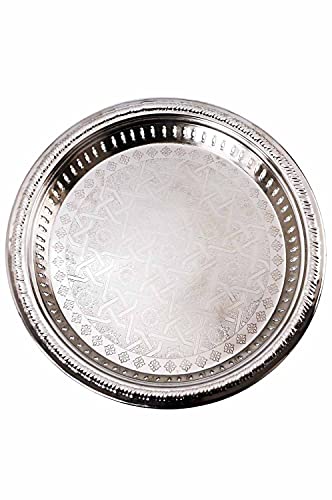 Orientalisches rundes Tablett Schale aus Metall Juman 40cm groß Silber | Orient Dekoschale mit hoher Rand | Marokkanisches Serviertablett Rund | Orientalische goldene Deko auf dem gedeckten Tisch von Marrakesch Orient & Mediterran Interior