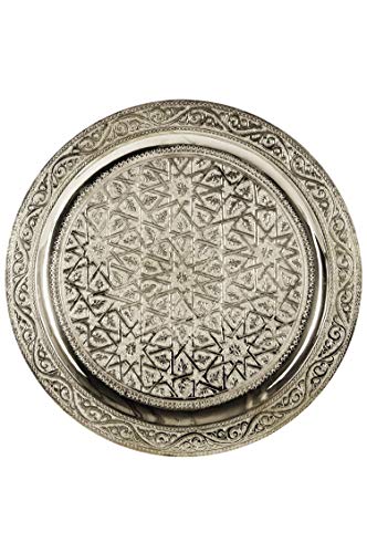 Orientalisches rundes Tablett aus Messing Mehdia 30cm Deko Silber | Marokkanisches Teetablett in der Farbe Silber | Orient Kupfertablett silberfarbig | Orientalische Dekoration auf dem gedeckten Tisch von Marrakesch Orient & Mediterran Interior