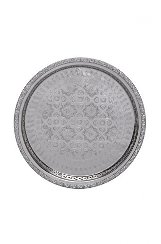 Orientalisches rundes Tablett aus Messing versilbert Nadia | Marokkanisches Teetablett in der Farbe Silber | Orient Silbertablett silberfarbig | Orientalische Dekoration auf dem gedeckten Tisch (Ø 32 cm) von Marrakesch Orient & Mediterran Interior