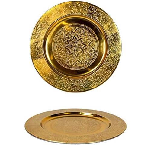 Orientalisches rundes Tablett aus Metall Sidra 30cm | Marokkanisches Teetablett in der Farbe Gold | Orient Goldtablett goldfarbig | Orientalische Dekoration auf dem gedeckten Tisch von Marrakesch Orient & Mediterran Interior